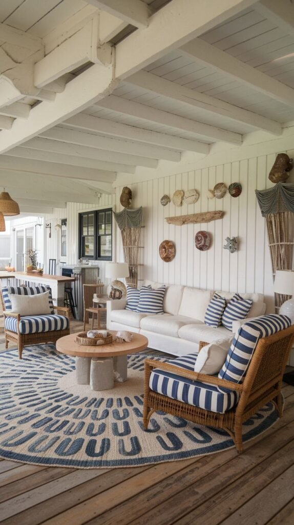 Beachy Farmhouse Living Room (covered porch/outdoor space) featuring rattan seating with bold blue and white striped cushions, rustic wooden plank floors, a rounded stone coffee table, and abundant nautical decor.