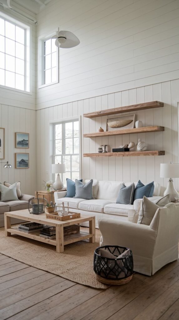 Beachy Farmhouse Living Room with soaring double-height white shiplap walls, stacked windows, a white sofa, and three extra-long, thick rustic floating wood shelves.