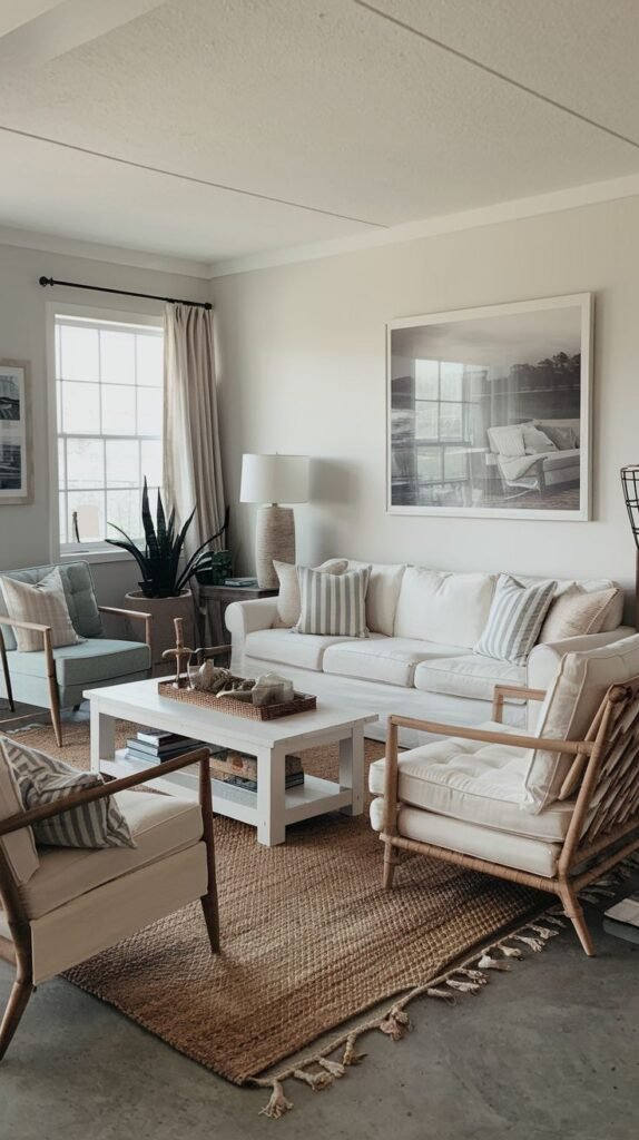 Beachy Farmhouse Living Room featuring white sofa and chairs with mid-century style natural wood frames and woven accents, centered around a white square coffee table on a fringed natural jute rug.