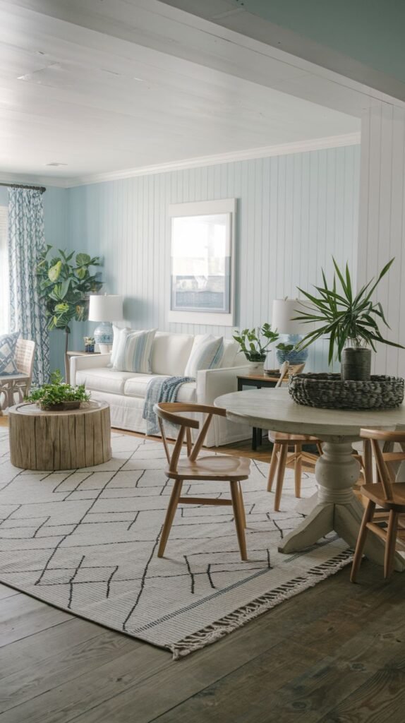 Beachy Farmhouse Living Room open to a dining area, featuring pale blue plank walls, a white sofa, a raw wood block coffee table, and a white rug with a black geometric lattice pattern.