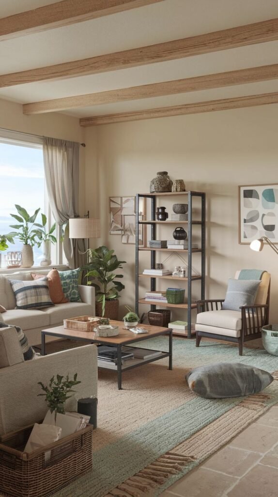 Beachy Farmhouse Living Room featuring exposed wood ceiling beams, an industrial black metal/wood shelving unit, and a layered rug arrangement with a central section of pale blue stripes.