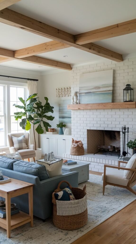 Beachy Farmhouse Living Room featuring coffer-style ceiling beams and a white painted brick fireplace with a wood mantel, balanced by a blue sofa and natural wood accent tables.