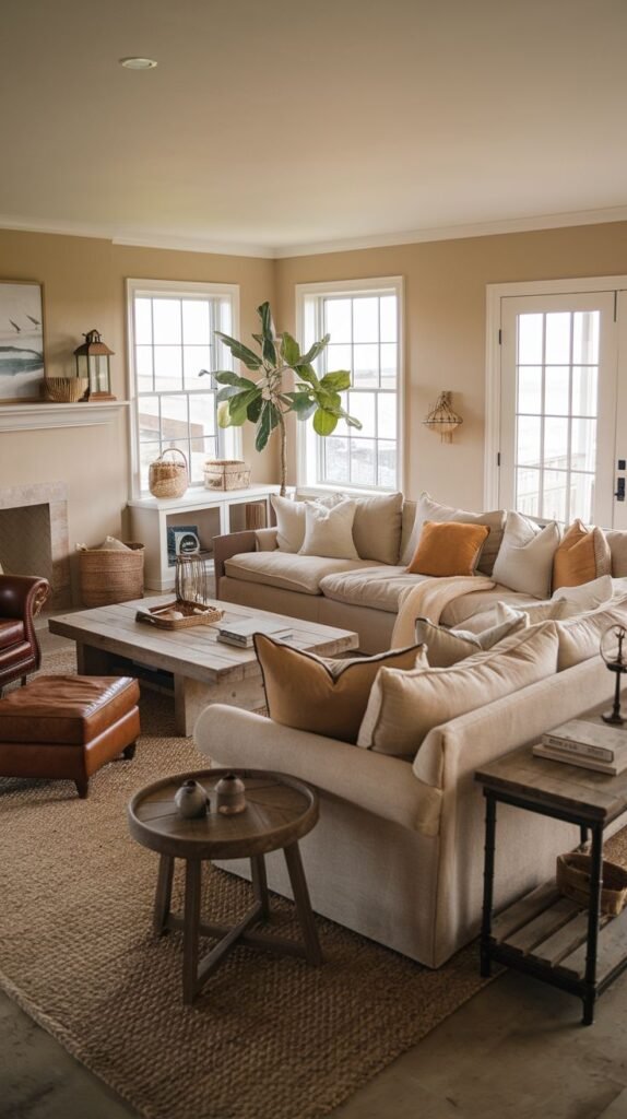 Beachy Farmhouse Living Room featuring a large neutral sectional sofa accented with ochre pillows, a raw wood plank coffee table, leather ottoman seating, and a large woven jute rug.