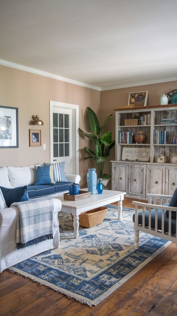 Beachy Farmhouse Living Room featuring a distressed, whitewashed wood bookcase/hutch, a white slipcovered sofa, and a richly patterned antique-look rug in blues and beiges.