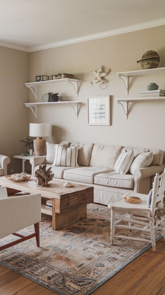 Beachy Farmhouse Living Room featuring a heavy, rustic block wood coffee table, neutral walls, white floating shelves with corbels, and a patterned rug in soft coastal tones.