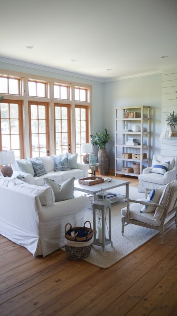 Beachy Farmhouse Living Room with crisp white slipcovered furniture, walls painted a subtle light blue, a light wood window frame contrast, and a white open shelving unit stocked with woven baskets.