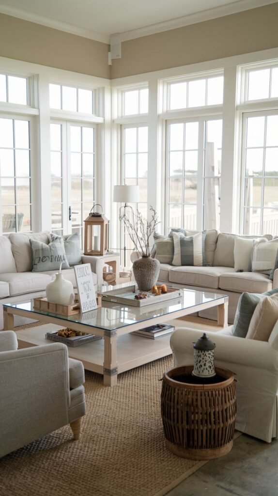 Beachy Farmhouse Living Room featuring light neutral sectional sofas, a square glass-top coffee table with a pale wood base, large multi-pane windows spanning two walls, and a textured natural fiber area rug.
