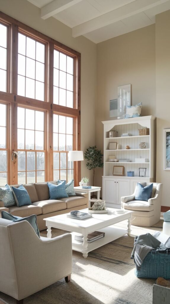 Beachy Farmhouse Living Room with soaring ceilings and an enormous grid-paned window, featuring a substantial white hutch bookcase, neutral armchairs, and a white rectangular coffee table anchored by blue throw pillows.