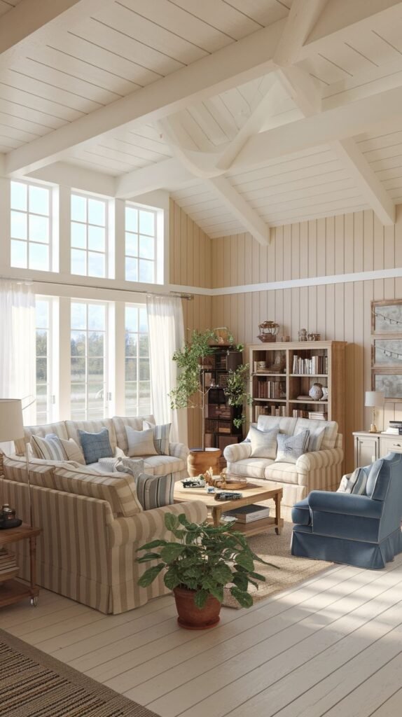 Beachy Farmhouse Living Room featuring light wood planked walls, a vaulted ceiling with exposed white beams, a striped sectional sofa, a deep blue velvet armchair, and layered natural fiber rugs.