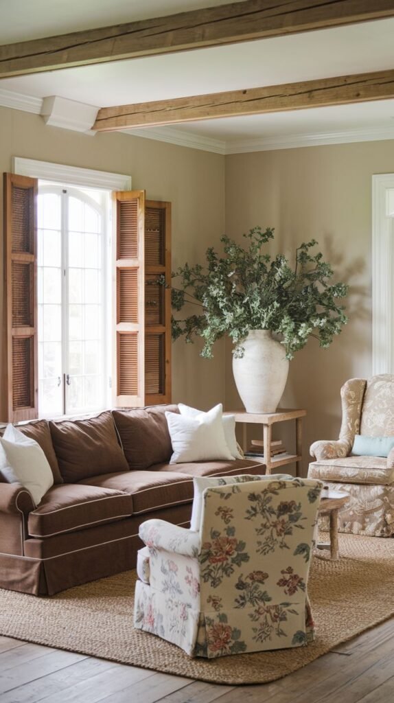 Beachy Farmhouse Living Room with high contrast, defined by a dark brown skirted sofa, natural wood ceiling beams, wood plantation shutters, a floral slipcovered armchair, and a large white ceramic vase with greenery.