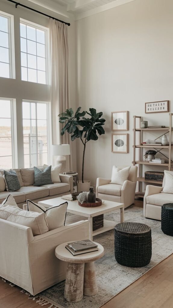 Beachy Farmhouse Living Room with high vertical scale, tall stacked windows, cream-colored seating, a rectangular white coffee table, black woven storage stools, and a modern wood and black metal shelving unit.