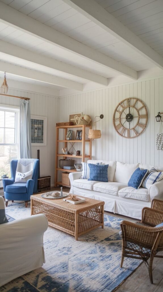 Beachy Farmhouse Living Room defined by white shiplap walls and ceiling beams, featuring a large woven rattan coffee table, white slipcovered seating, a blue upholstered armchair, and a large rustic wooden wall clock.