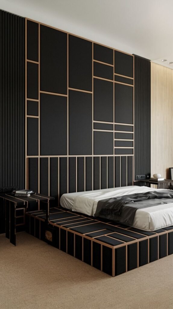 Modern bedroom design showcasing a geometric black accent wall constructed from recessed panels divided by thin rose gold metallic strips, flanked by vertical black ribbed siding. The geometric pattern extends to the bed platform.