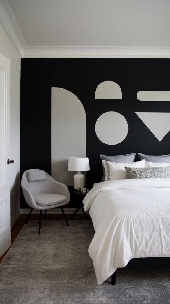 A high-impact, minimalist black accent wall featuring large, graphic shapes (circles, semicircles, and triangles) painted in solid white.