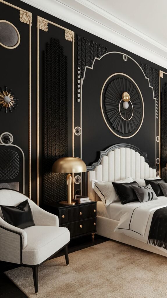 An opulent black Art Deco accent wall featuring intricate black moldings, vertical textured panels, elaborate gold trim, and a central circular black sculptural element.