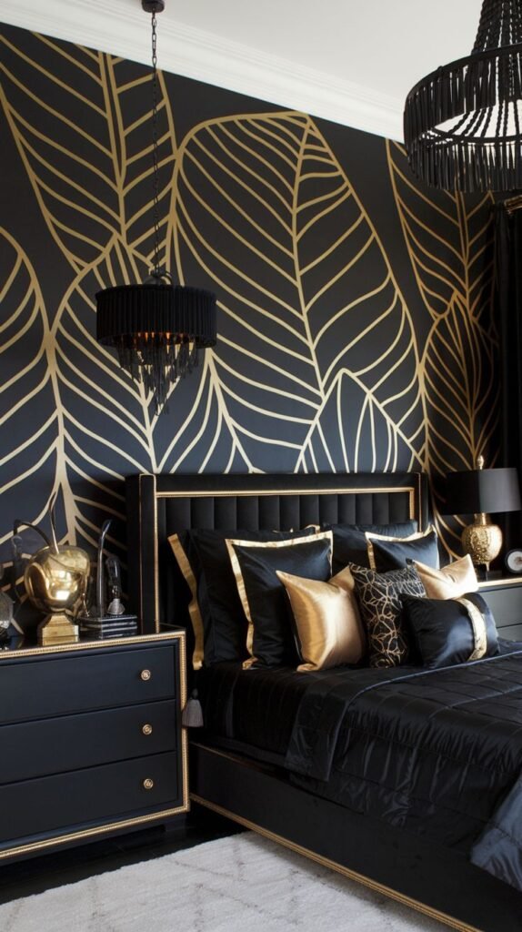 A dramatic bedroom featuring a black wall covered in striking wallpaper with oversized gold line illustrations of tropical leaves.
