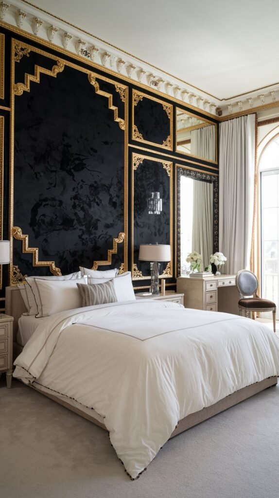 A lavish bedroom with a black accent wall composed of multiple large panels framed by highly ornate, stepped gold molding, with the central panel showing a subtle black floral texture.