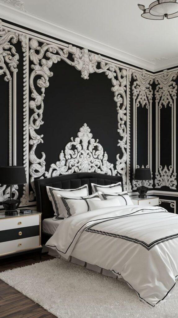 A highly ornate black accent wall accented with voluminous, detailed white plaster scrollwork and Baroque molding, framing the bed area.