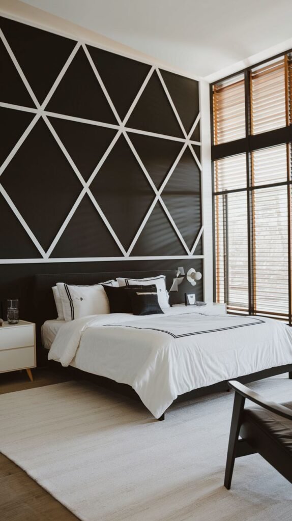 A high-contrast bedroom featuring a solid black accent wall decorated with bold white lines forming large, interlocking diamond shapes behind the headboard.