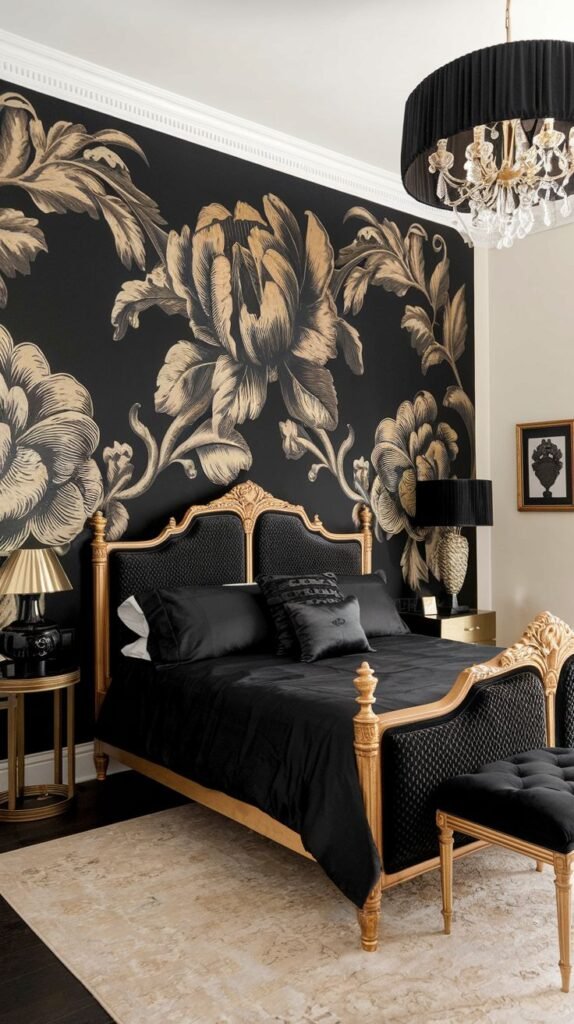 A glamorous black accent wall covered in wallpaper featuring large, elaborate gold and bronze floral and foliage motifs.