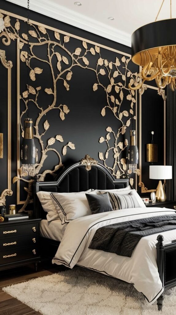 A striking black wall embellished with large, sculptural gold vines and leaves that emerge from the gold-framed border molding.