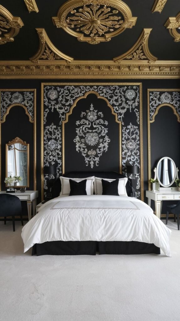 An extravagant room where the black accent wall features elaborate gold molding framing panels with intricate white/silver stenciling or detailed damask patterns.