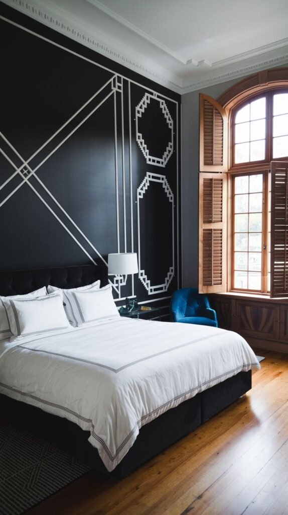 A formal black accent wall featuring contrasting white trim applied in a complex design that combines large diagonal linear sections with geometric octagonal elements.