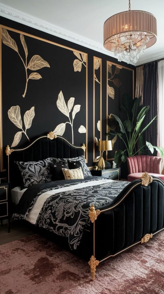 A luxurious bedroom featuring a black accent wall decorated with large, stylized gold botanical leaf appliques or decals behind a black velvet bed.