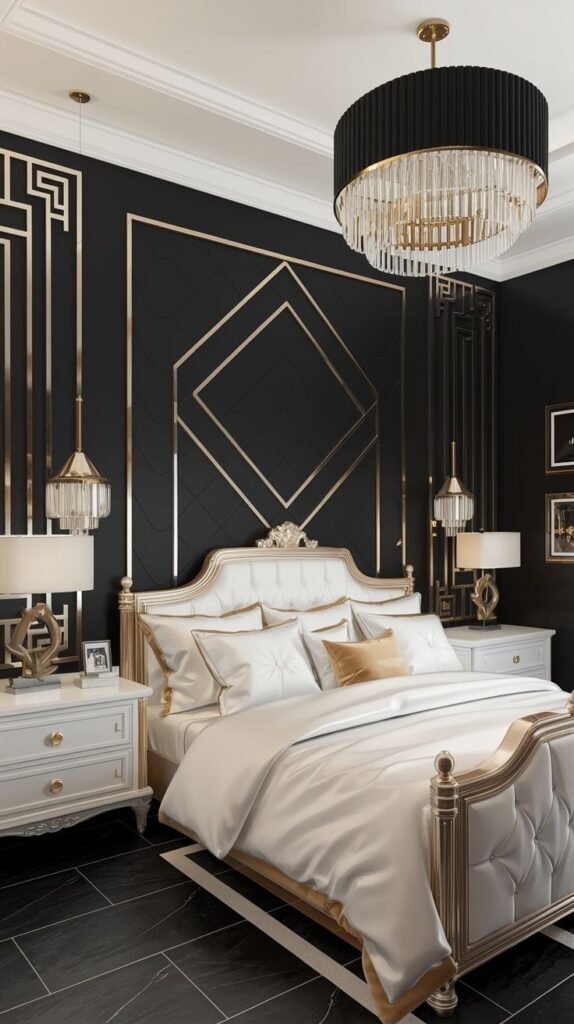 An Art Deco inspired black accent wall defined by gold metal strips forming geometric patterns, including a large central diamond shape.