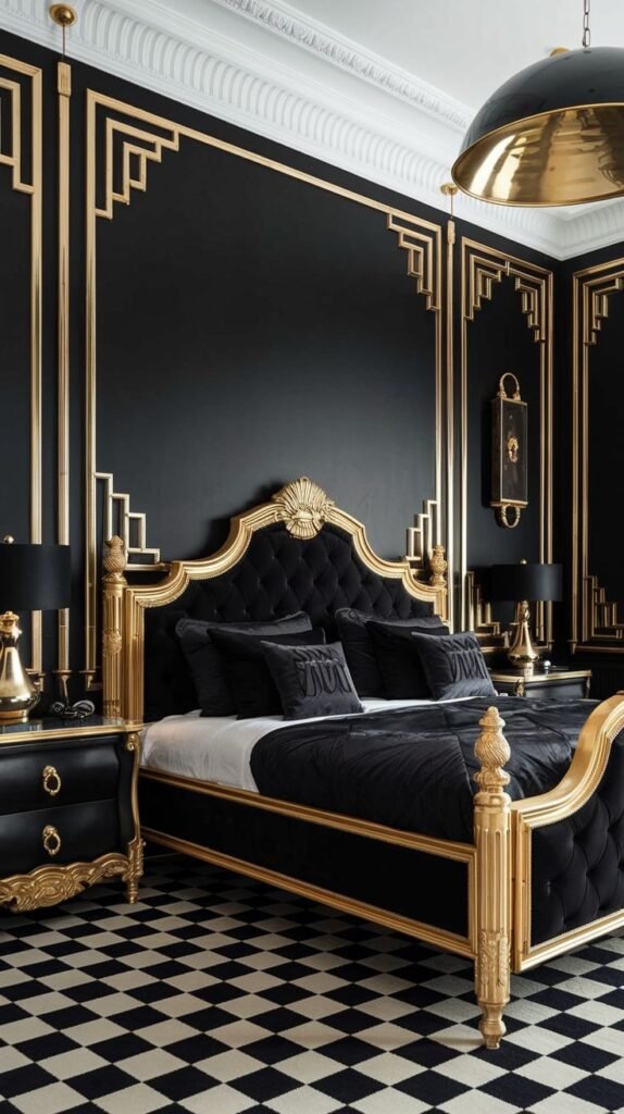 A maximalist black bedroom featuring extensive Art Deco style gold molding applied in tiered, angular patterns across the walls and framing the space dramatically.