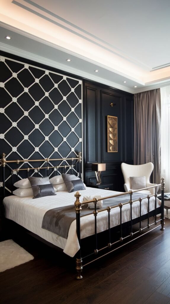 A black accent wall combining two textures: a large section on the left with a dimensional white diamond lattice/quilted overlay, and a vertical paneled section on the right.