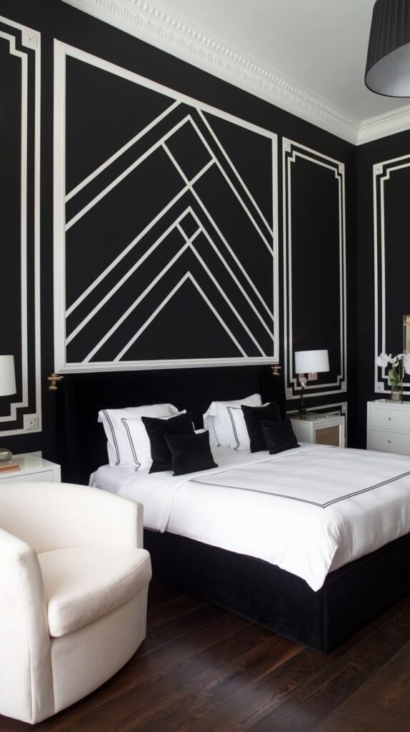 A chic black accent wall framed by thick white molding, with the interior featuring multiple parallel white lines creating a strong, chevron-based angular abstract design.