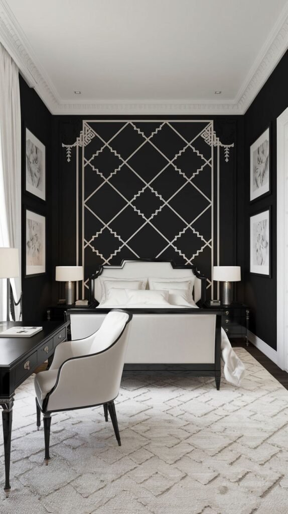 A luxurious bedroom with black walls. The main feature wall showcases a symmetrical, highly detailed pattern of silver/white trim creating a delicate diamond lattice bordered by ornamental flourishes.