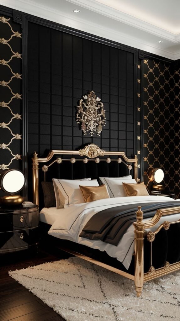 An ornate bedroom featuring a black accent wall composed of a central vertical section of square upholstered/padded panels, flanked by side panels with bold gold quatrefoil wallpaper.