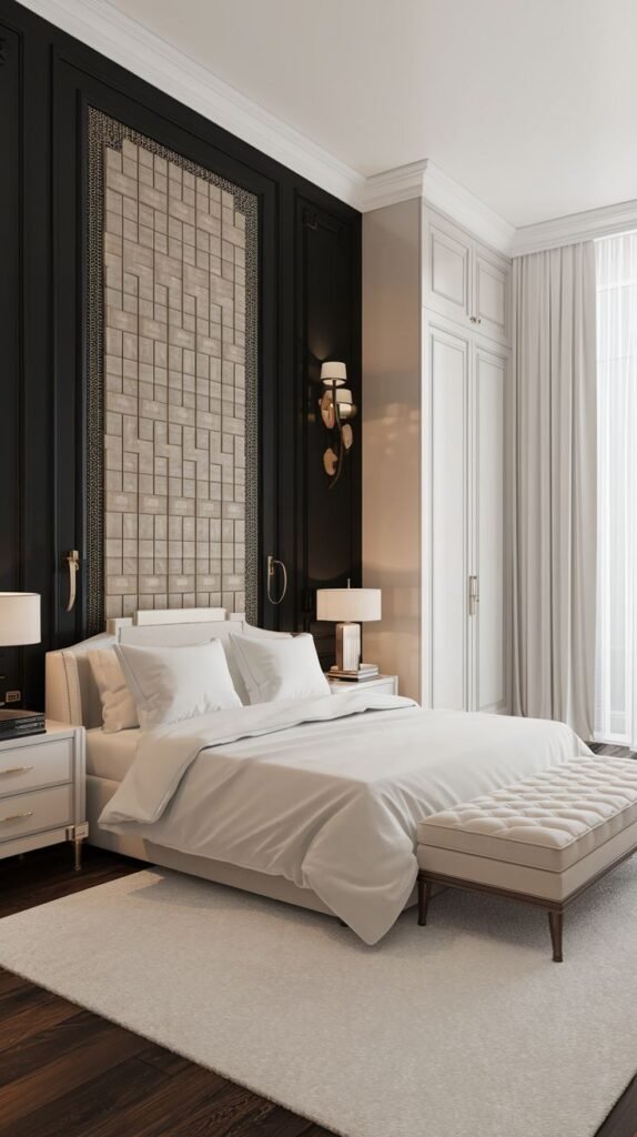 A black paneled wall with a central, recessed rectangular vertical insert filled with light beige or cream-colored textured tiles or panels.