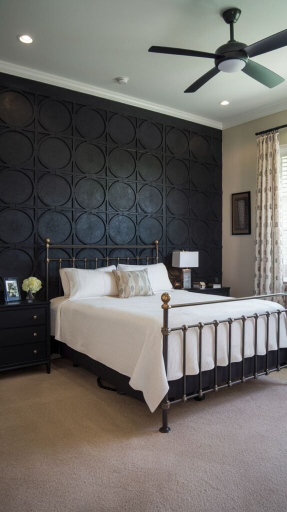 A modern bedroom featuring a floor-to-ceiling black accent wall covered entirely in repeating, dimensional circular panels that create an overall textured effect.