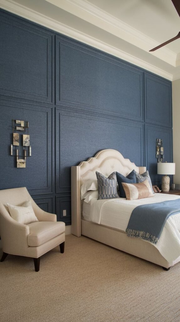 Subtle Denim Blue Texture with Raised Rectangular Paneling Bedroom featuring a dusty, dark blue accent wall with a subtle textured finish, segmented into large rectangles by thin, raised panel molding.