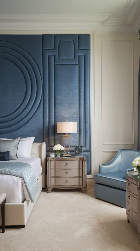 Upholstered Geometric Blue Panel with Circular Motif Bedroom accent wall utilizing a large, tall upholstered panel in dusty blue, accented by stitched geometric lines forming prominent concentric circles and rectangles.