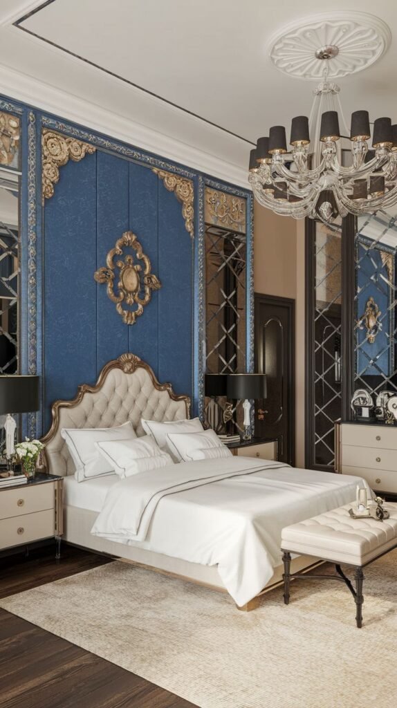 Rich Blue Panel Accent with Ornate Gold Border and Mirrored Accents Ornate blue accent wall with textured panels, heavily trimmed in gold molding, featuring a central decorative medallion, and bordered by fragmented mirrored wall sections.