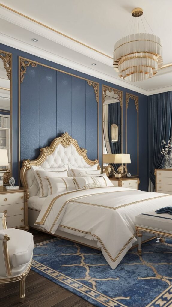 Vertical Navy Paneling Defined by Elegant Gold Trim Luxurious bedroom featuring a slate blue accent wall segmented vertically by thin gold trim strips, providing a tailored backdrop for a white, tufted, gold-trimmed bed.