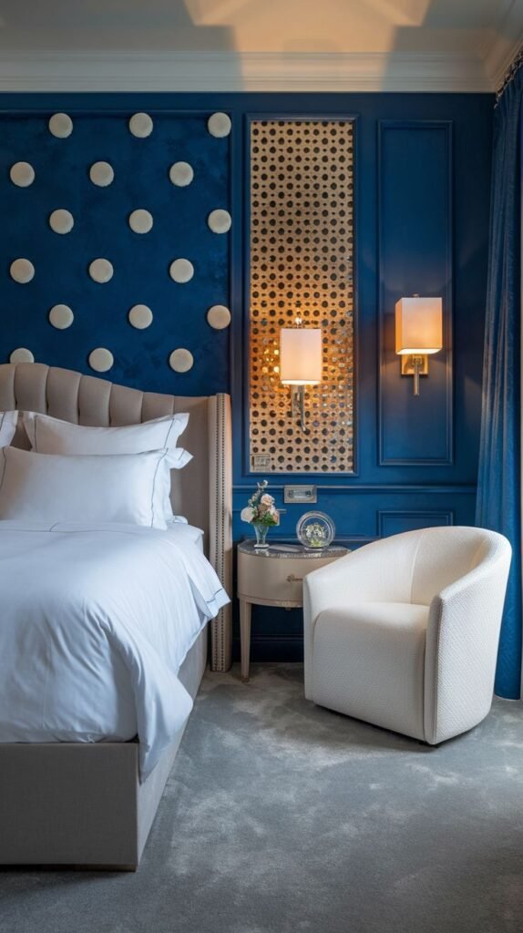 Multi-Textural Blue Wall with 3D Polka Dots and Cane Lattice A royal blue paneled accent wall, split into sections, one featuring a pattern of projecting white circular dots, and an adjacent panel incorporating a golden cane or lattice insert.