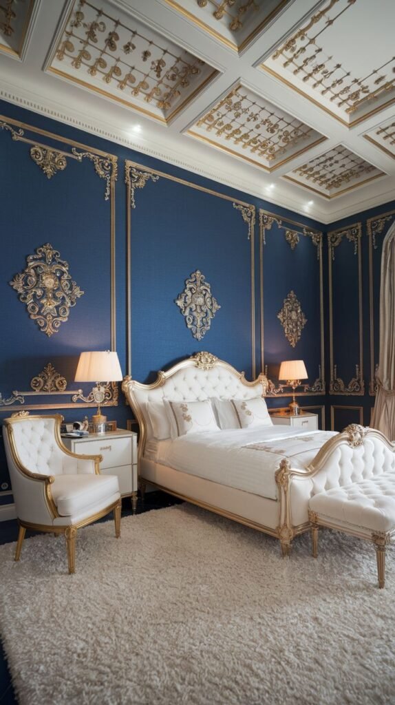 Regal Blue Wall with Lavish Gold Molding and Medallions Opulent bedroom featuring deep royal blue walls segmented by highly detailed gold trim and wall medallions, paired with a white tufted bed and ornate gold ceiling.