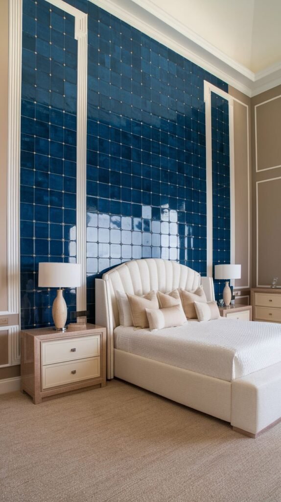 Dramatic High-Gloss Blue Tiled Accent Wall Accent wall covered in a grid of highly reflective, deep blue square tiles, bordered prominently by thick white classical molding.