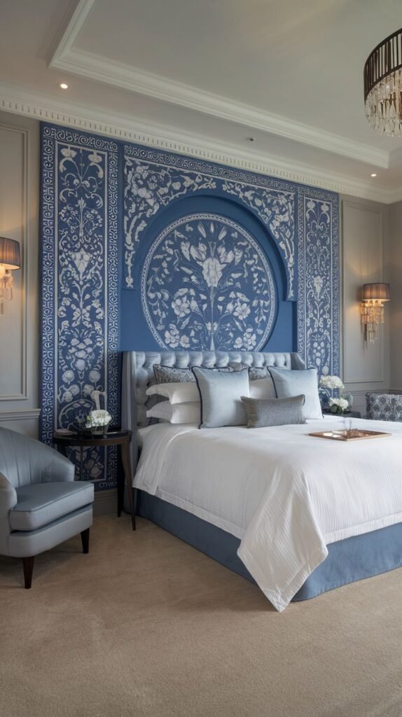 Soft Blue Mural with Central White Floral Medallion Elegant blue accent wall featuring a large, central white floral and vine mural within a circular frame, bordered by detailed white molding and trim against a gray background.