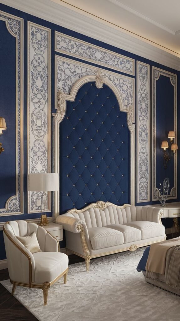 Traditional Blue Wall Panels with Diamond Tufted Niche Luxurious blue accent wall with ornate white molding, framing a central arched niche padded with deep blue diamond-tufted velvet upholstery.