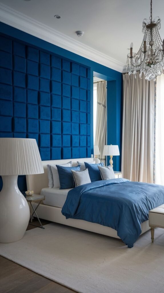 Luxurious Deep Blue Velvet Quilted Accent Wall A luxury bedroom featuring a royal blue accent wall composed of square quilted velvet panels, contrasting with a white upholstered bed, oversized white ceramic lamp, and crystal chandelier.