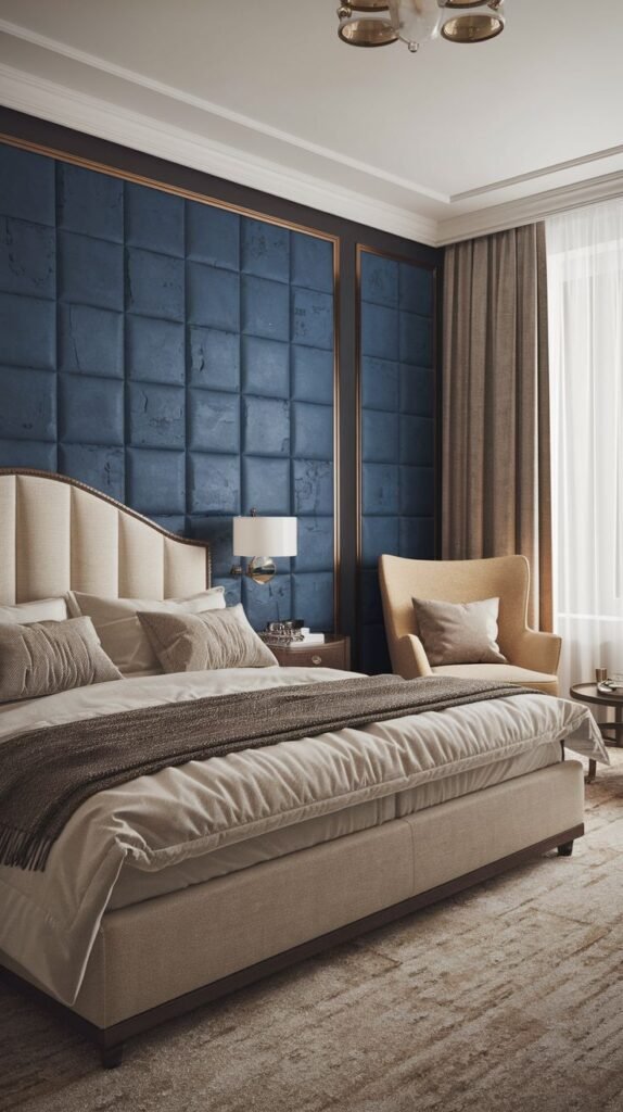 Navy Distressed Square Paneled Wall with Neutral Tones A sophisticated bedroom featuring a deep navy blue accent wall with distressed square paneling, bordered by gold trim, complementing a large beige upholstered bed and neutral chair.