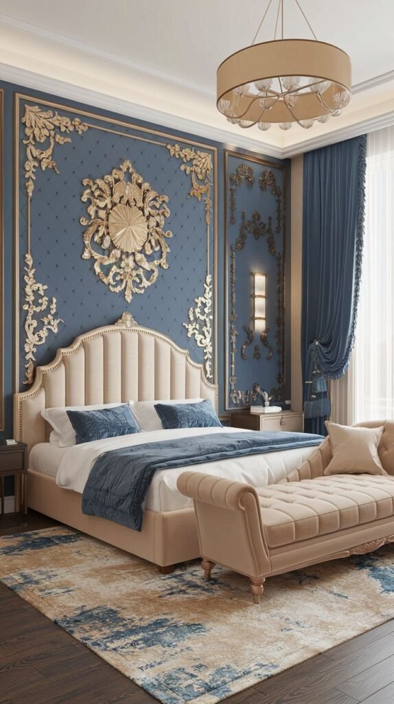 Ornate Royal Blue Wall with Gold Baroque Detailing Highly ornate royal blue accent wall featuring extensive gold baroque trim and a large central gilded medallion, behind a padded beige bed and chaise lounge.