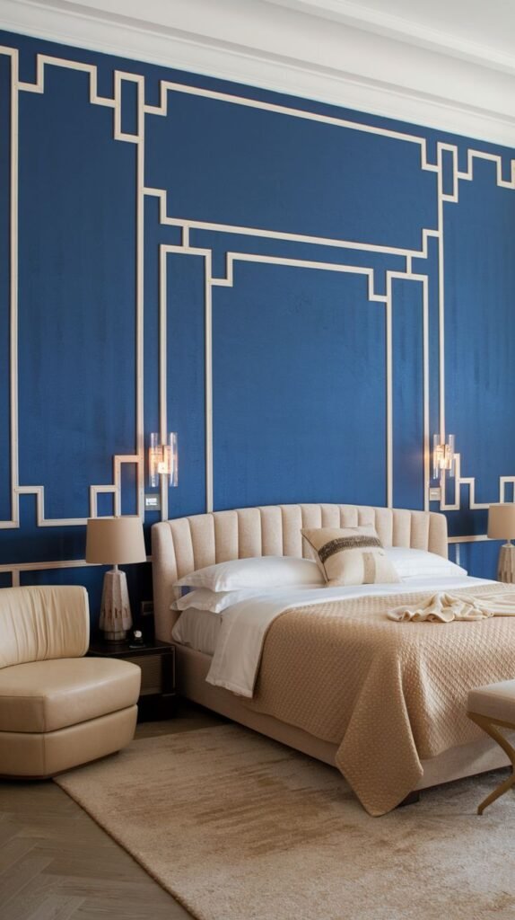 Modern Geometric Blue Accent with White Linear Trim Modern bedroom showcasing a deep blue textured accent wall accented by bold, thick white geometric linear molding, behind a beige upholstered bed.