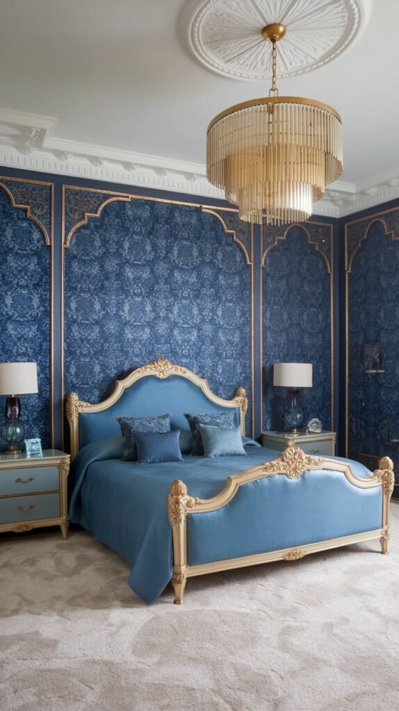 Classic Blue Patterned Wallpaper with Gold Framing and Carved Furniture Traditional bedroom with deep blue patterned wallpaper framed by intricate gold molding into arching panels, featuring a carved blue and gold French-style bed.
